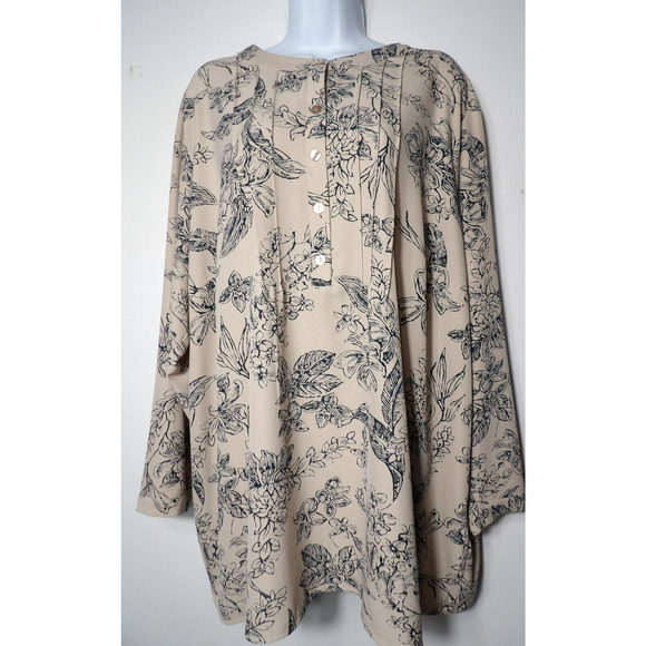 Joan Rivers Tunic Top 28W 4X Beige BLack Floral Pleated Flowy Casual Workwear - Picture 1 of 11